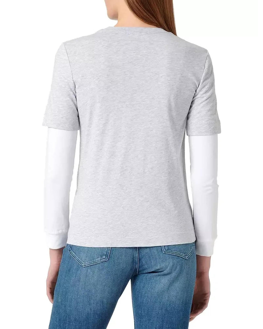 Grey Melange Long-Sleeved Cotton T-Shirt with Eco-Leather Logo S Women