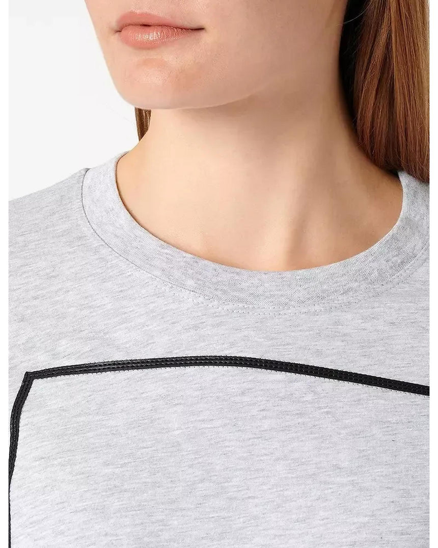 Grey Melange Long-Sleeved Cotton T-Shirt with Eco-Leather Logo S Women