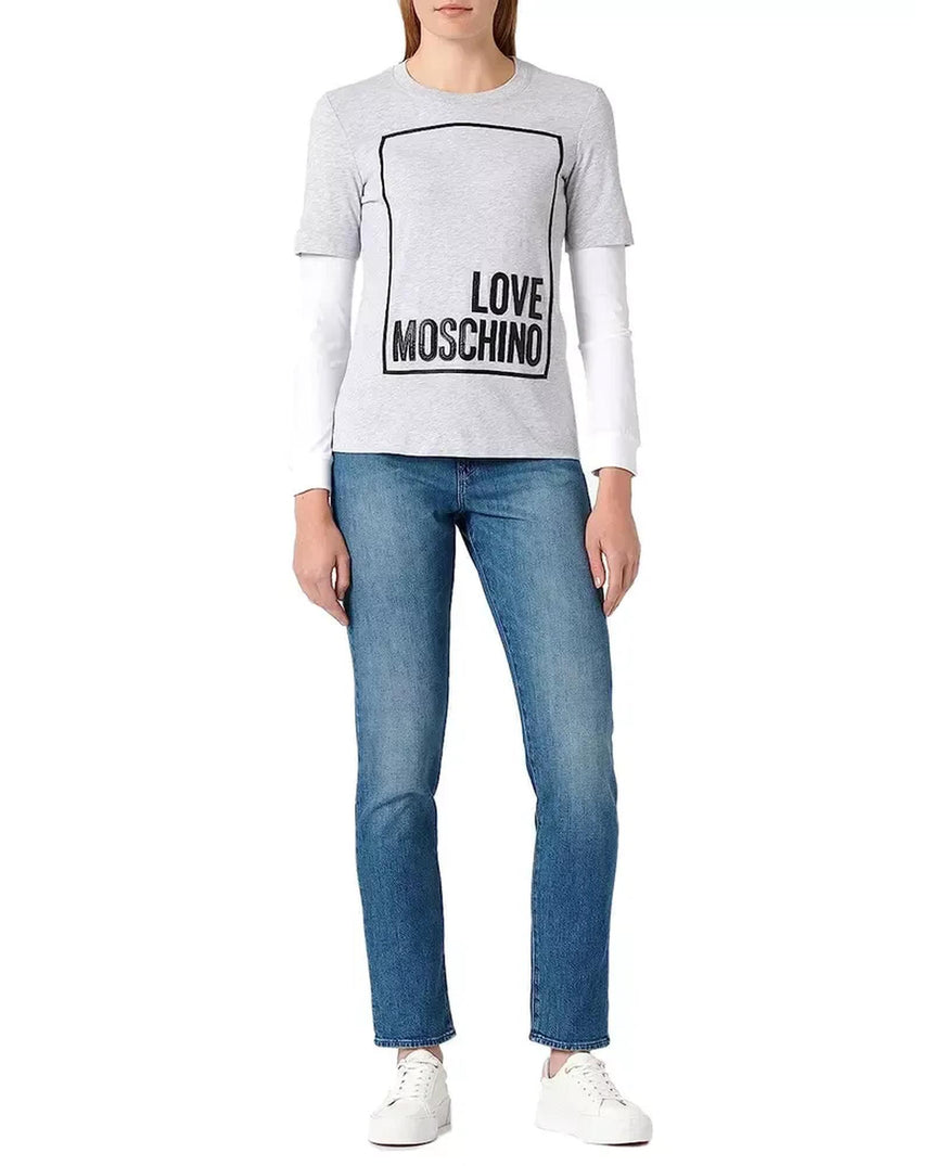 Grey Melange Long-Sleeved Cotton T-Shirt with Eco-Leather Logo S Women