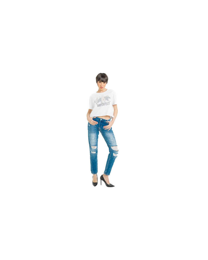 High Waist Straight Leg Jeans with Applications and Front Breaks W28 US Women