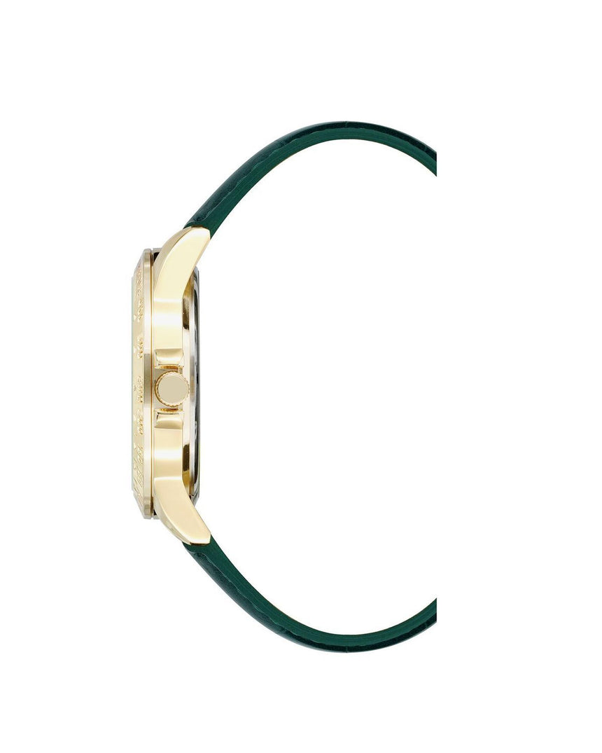 Gold Fashion Analog Watch with Rhine Stone Facing and Green Leatherette Strap One Size Women