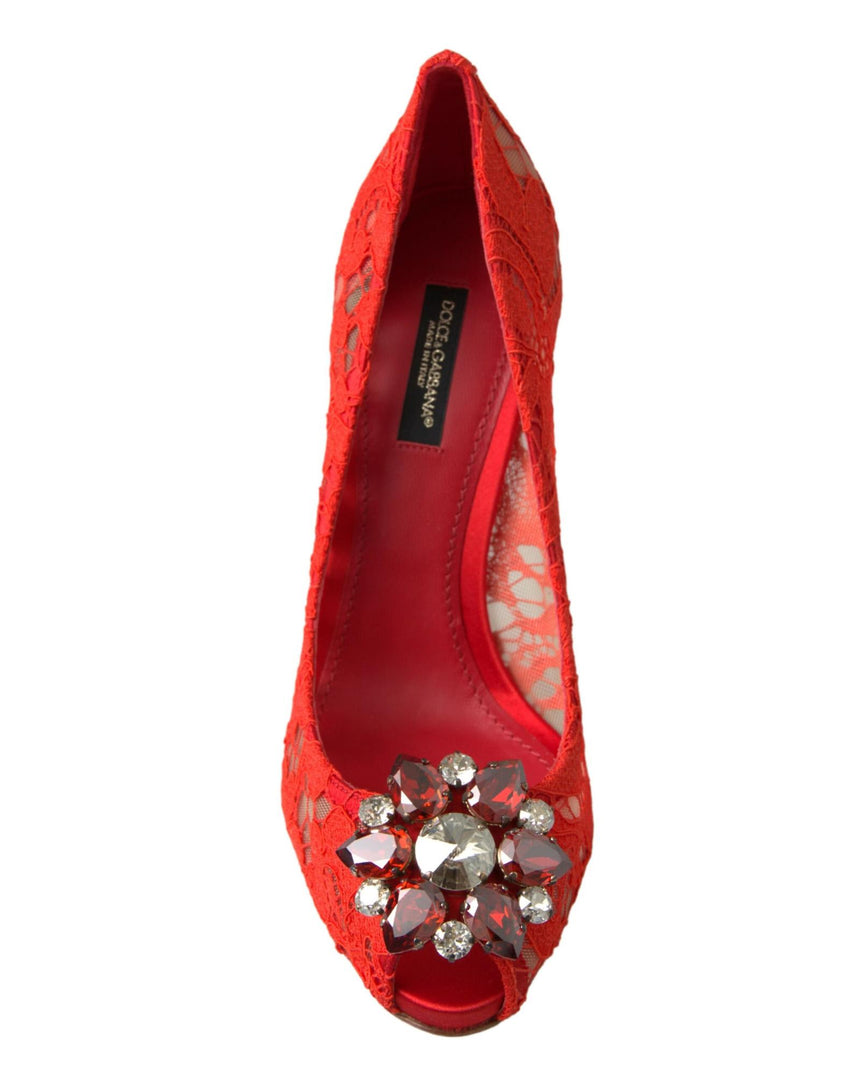 Dolce & Gabbana Women's Red Taormina Lace Crystal Heels Pumps Shoes - 36.5 EU