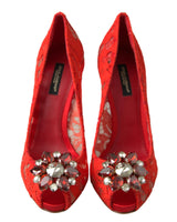 Dolce & Gabbana Women's Red Taormina Lace Crystal Heels Pumps Shoes - 36.5 EU