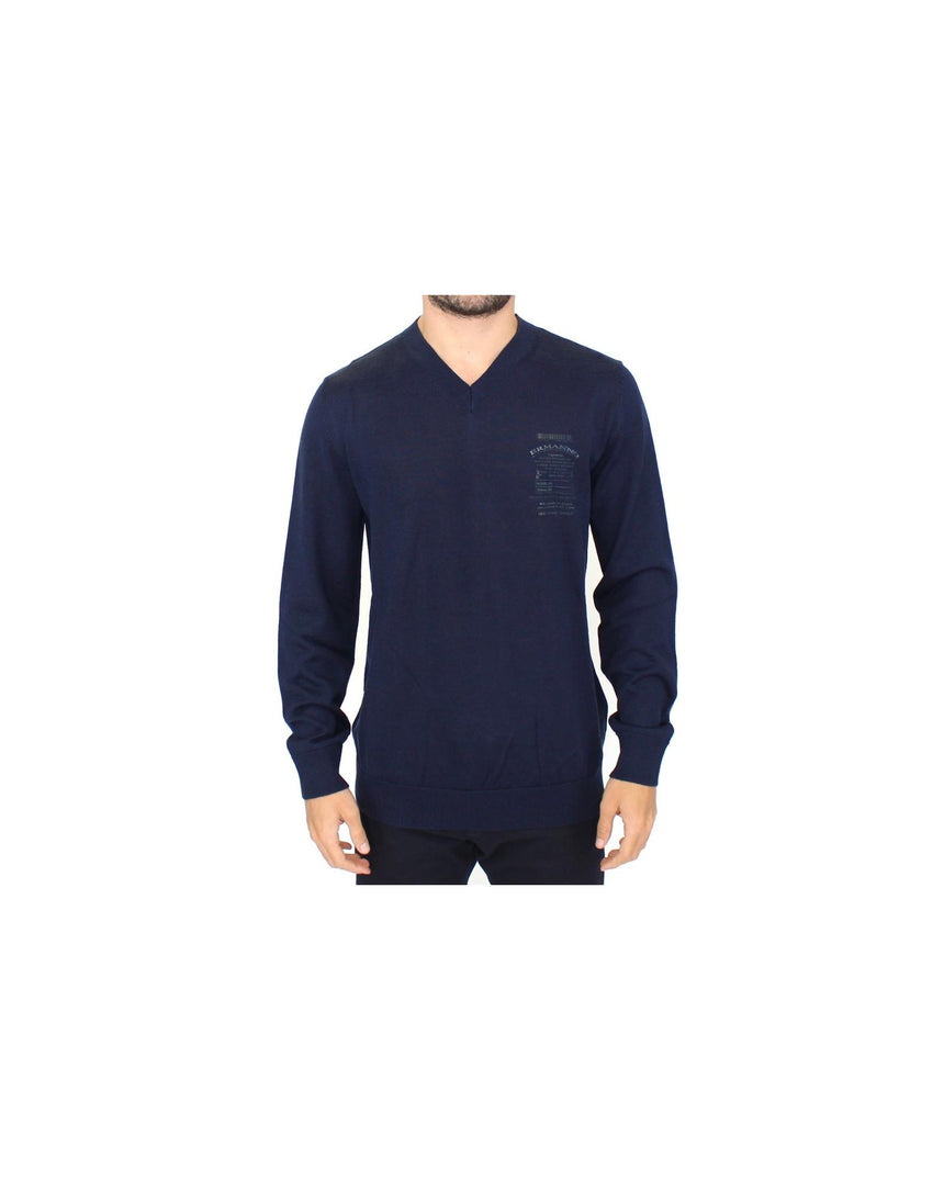 Blue V-Neck Wool Blend Pullover Sweater 48 IT Men