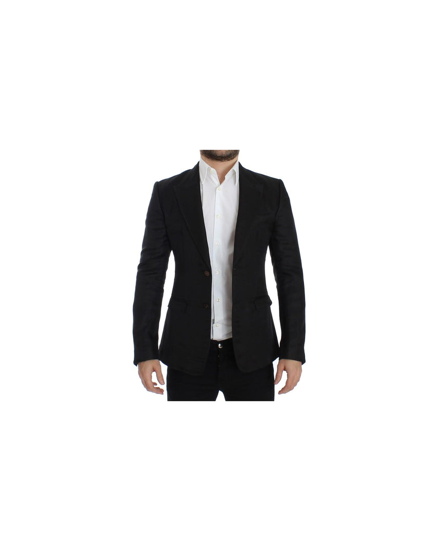 Black Silk and Linen Blend Two Button Slim Fit Blazer Jacket 48 IT Men