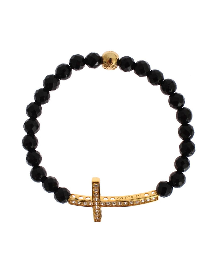 NIALAYA Gold Plated Sterling Silver Bracelet with Agate Stone and CZ Diamond Cross XS Women