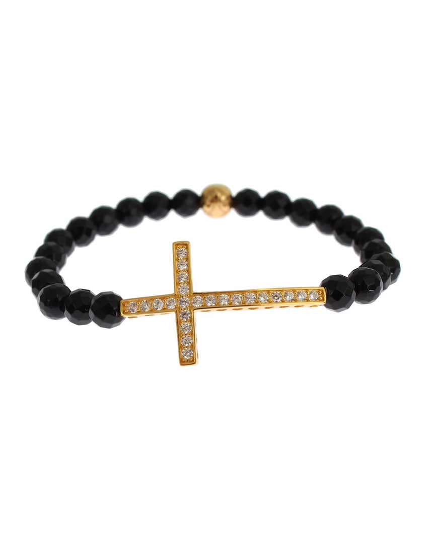 NIALAYA Gold Plated Sterling Silver Bracelet with Agate Stone and CZ Diamond Cross XS Women