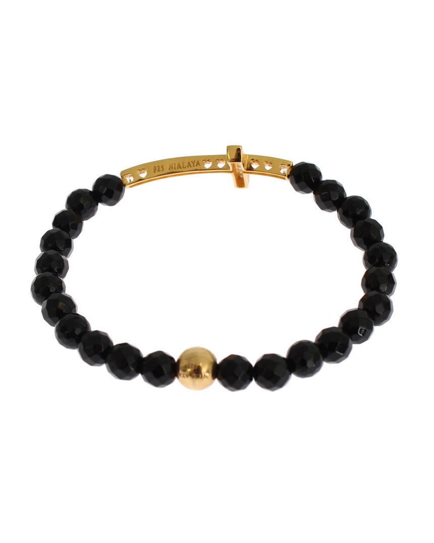 NIALAYA Gold Plated Sterling Silver Bracelet with Agate Stone and CZ Diamond Cross XS Women