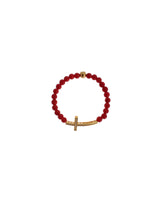 Authentic NIALAYA Gold Plated Silver Bracelet with Red Coral Beads and CZ Diamond Cross XS Women