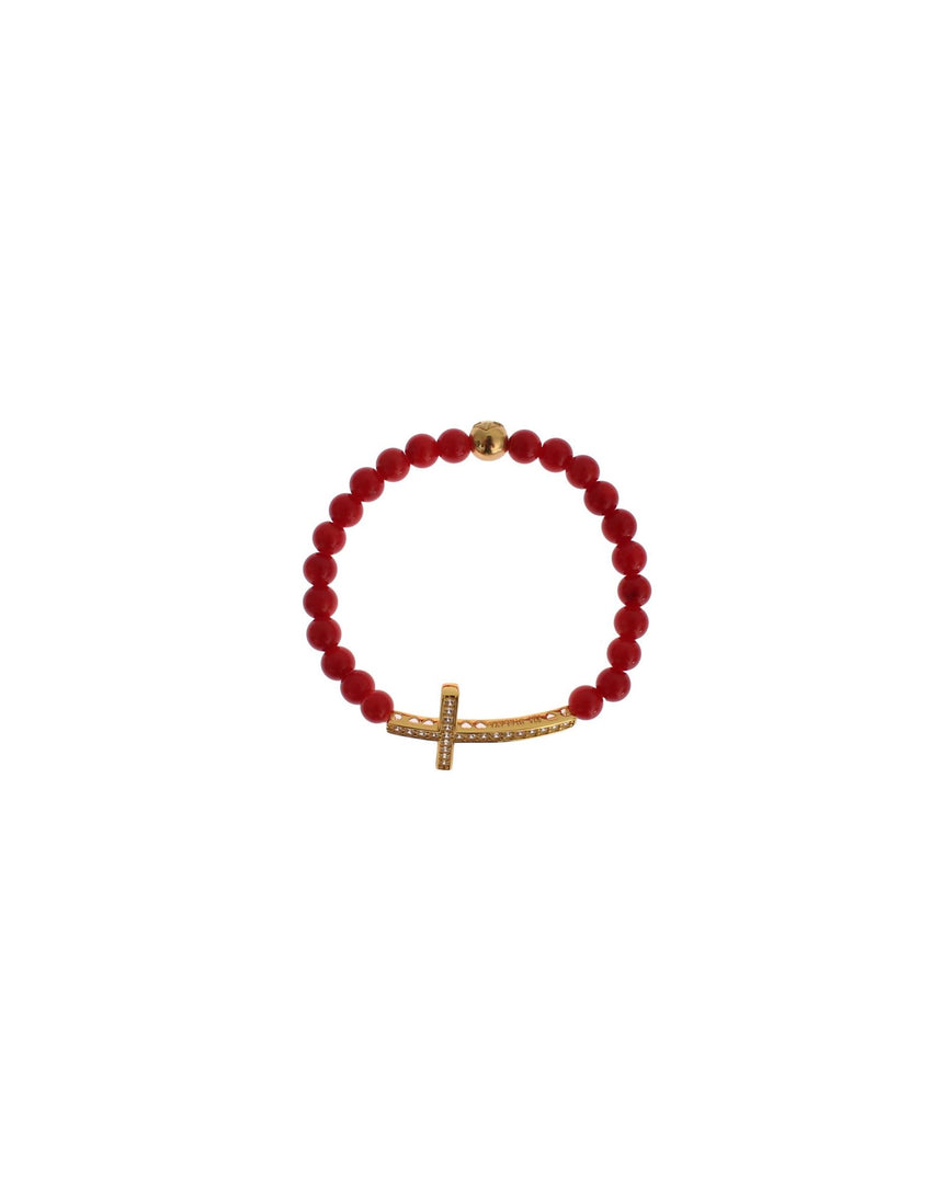 Authentic NIALAYA Gold Plated Silver Bracelet with Red Coral Beads and CZ Diamond Cross XS Women