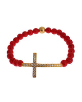 Authentic NIALAYA Gold Plated Silver Bracelet with Red Coral Beads and CZ Diamond Cross XS Women