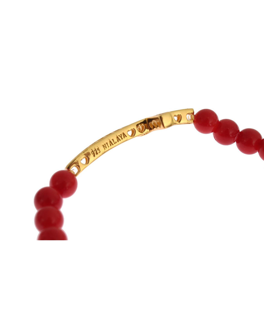 Authentic NIALAYA Gold Plated Silver Bracelet with Red Coral Beads and CZ Diamond Cross S Women