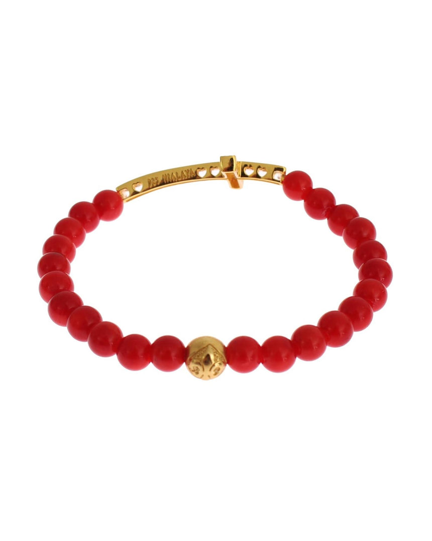 Authentic NIALAYA Gold Plated Silver Bracelet with Red Coral Beads and CZ Diamond Cross S Women