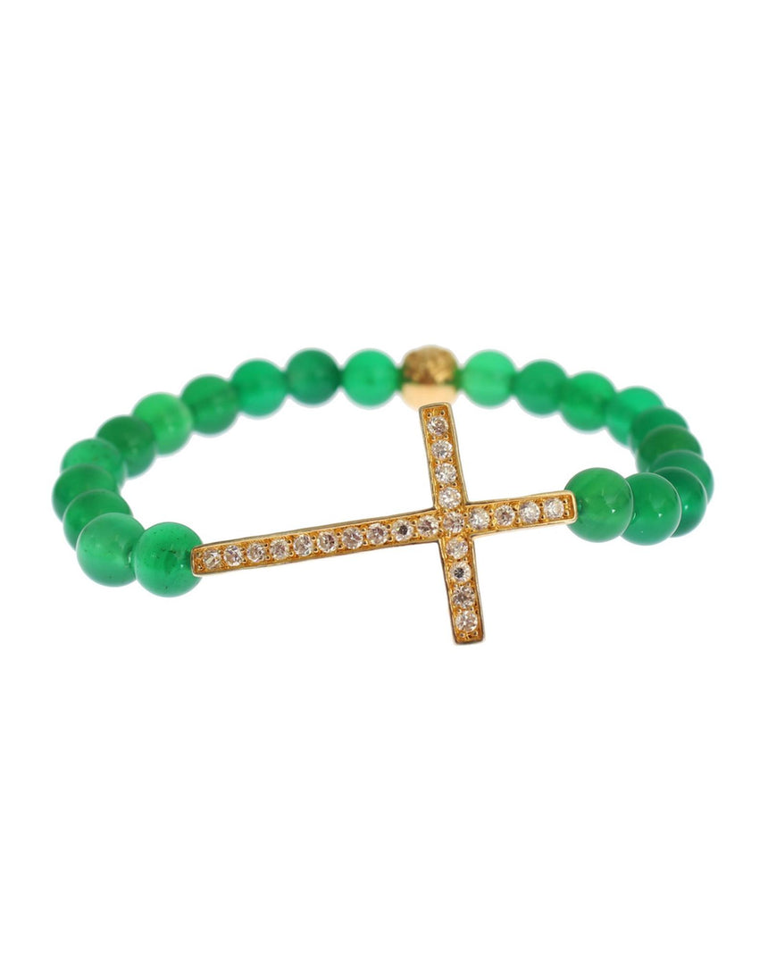 NIALAYA Green Jade Bead Bracelet with CZ Diamond Cross XS Women