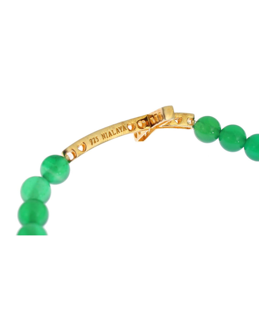 NIALAYA Green Jade Bead Bracelet with CZ Diamond Cross M Women