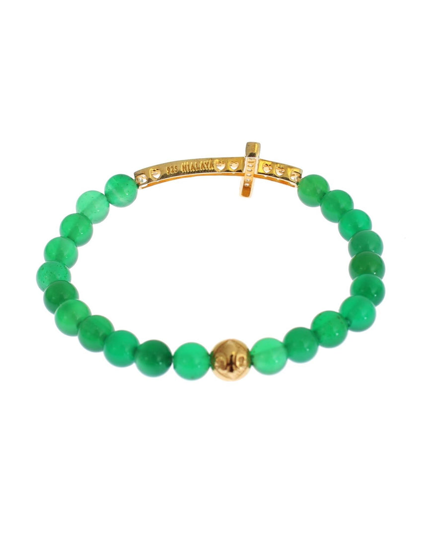 NIALAYA Green Jade Bead Bracelet with CZ Diamond Cross M Women