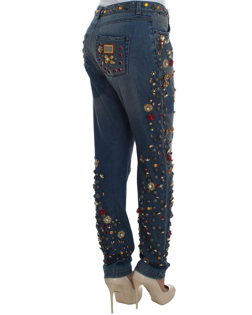 Enchanted Sicily Crystal Heart Roses Boyfriend Fit Jeans 38 IT Women