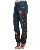 Enchanted Sicily Crystal Heart Roses Boyfriend Fit Jeans 40 IT Women