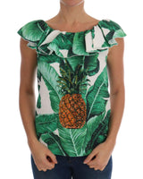 Cap Sleeve Blouse Top with Ruffled Neckline and Sequined Pineapple Embroidery 38 IT Women