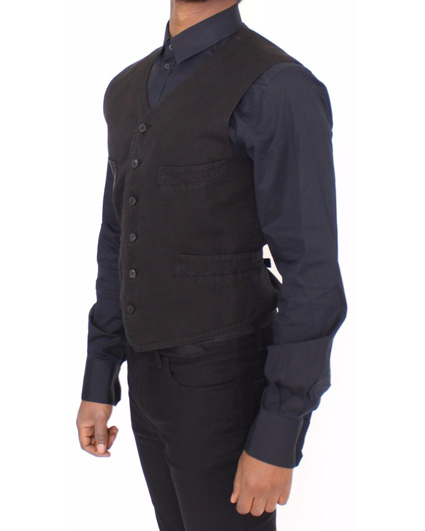 Black Cotton and Flax Blend Dress Vest 44 IT Men