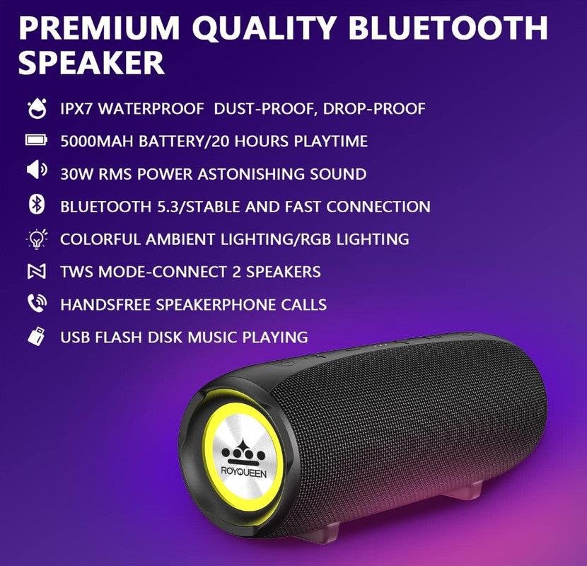 ROYQUEEN Bluetooth Speaker,30W Loud Stereo Sound Portable Speaker, Deep Bass, IP67 Waterproof and Dustproof, Wireless Dual Pairing, Built-in Mic, for Outdoor, Indoor