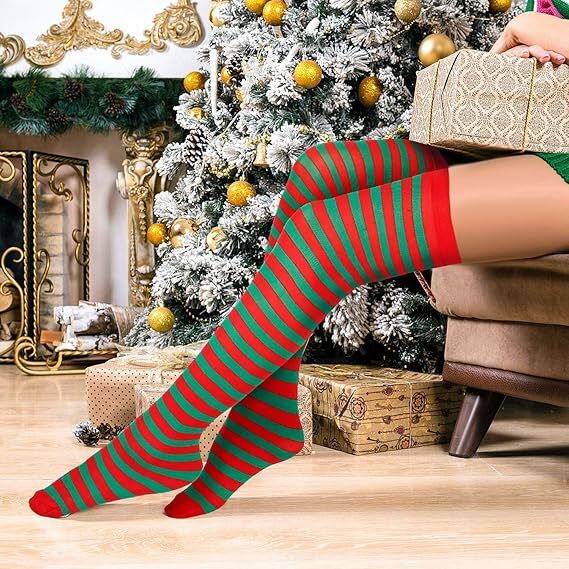 10x Christmas Over The Knee Socks Red Green Xmas Candy Cane Striped Elf Bulk