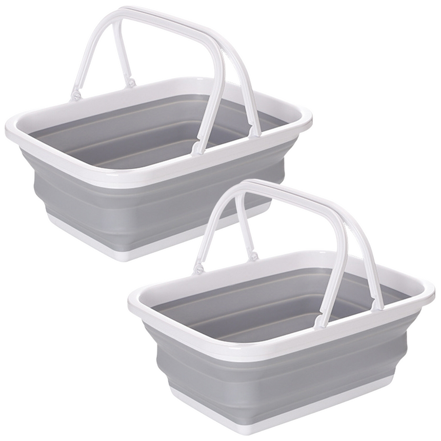 2x 9L Collapsible Laundry Folding Basket Wash Clothes w Handles Bin - Grey/White