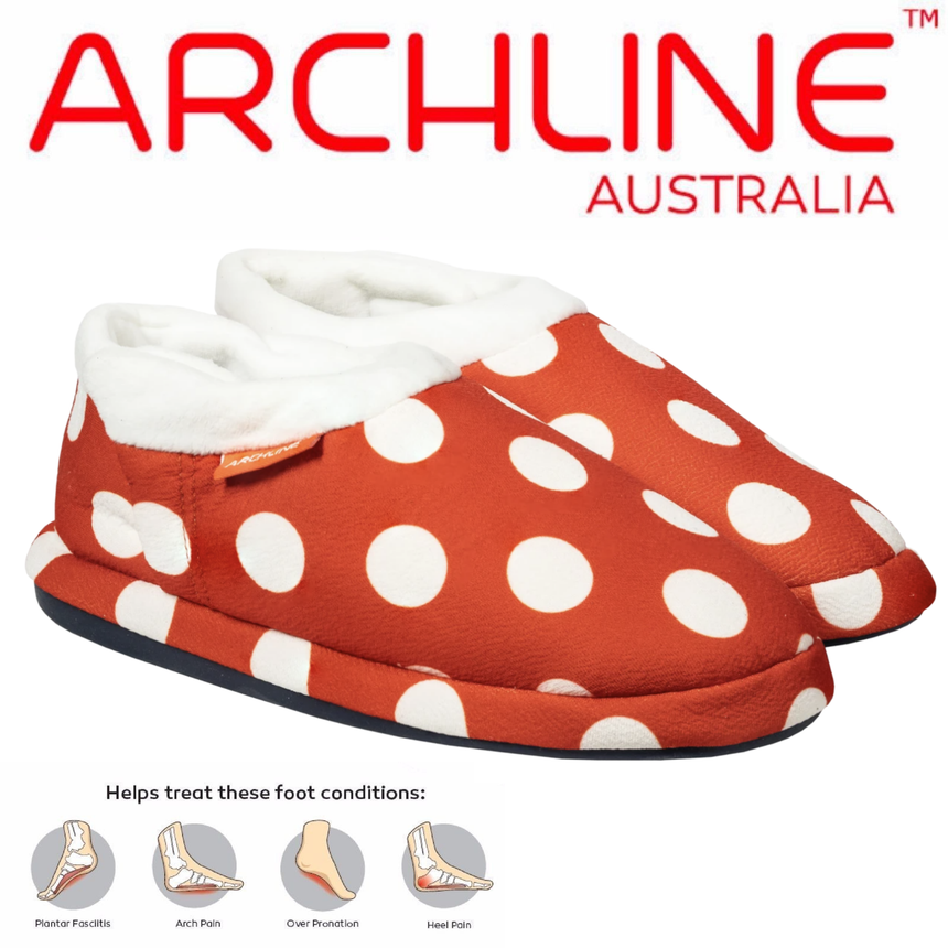 ARCHLINE Orthotic Slippers CLOSED Back Scuffs Moccasins Pain Relief - Red Polka Dots - EUR 42 (Womens 11 US)