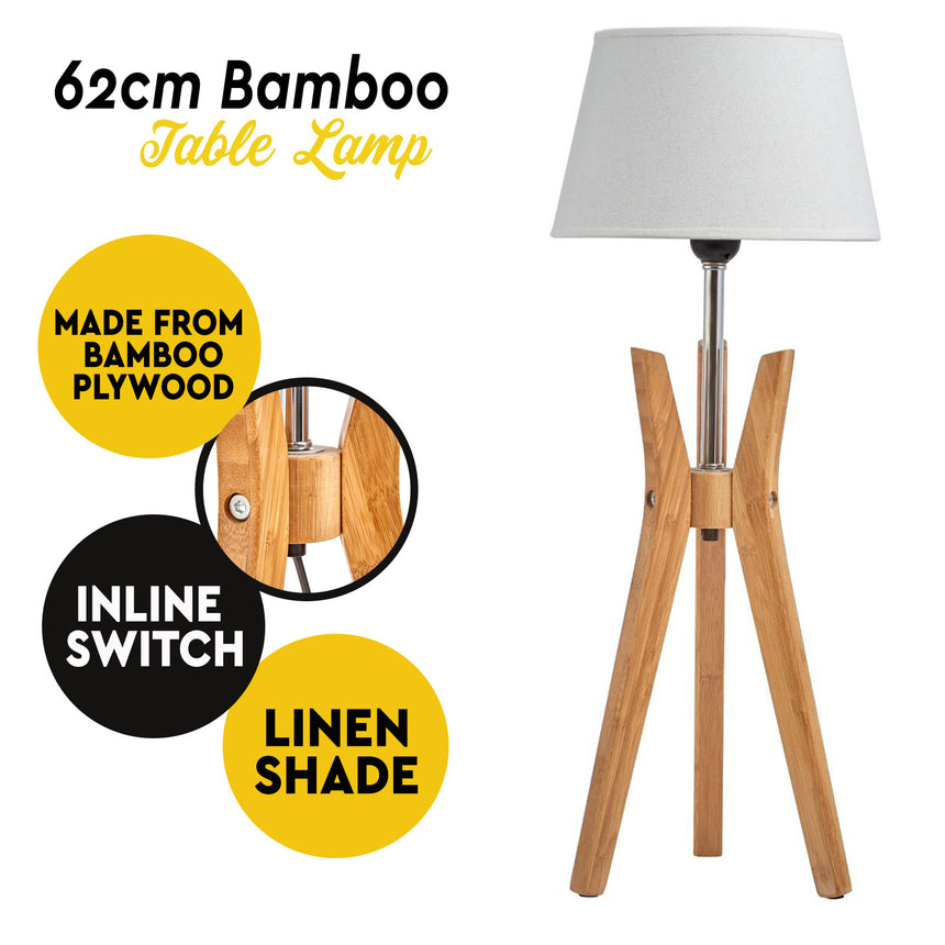 Bamboo Tripod Table Lamp Desk Modern Rustic Geo Light w Linen Shade