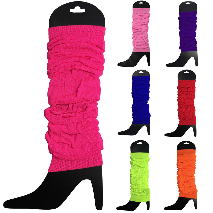 LEG WARMERS Knitted Womens Neon Party Knit Ankle Fluro Dance Costume 80s Pair - Fluro Hot Pink