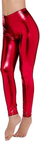 Metallic Leggings Stretchy Pants Neon Fluro Shiny Glossy Dress Up Dance Party - Red