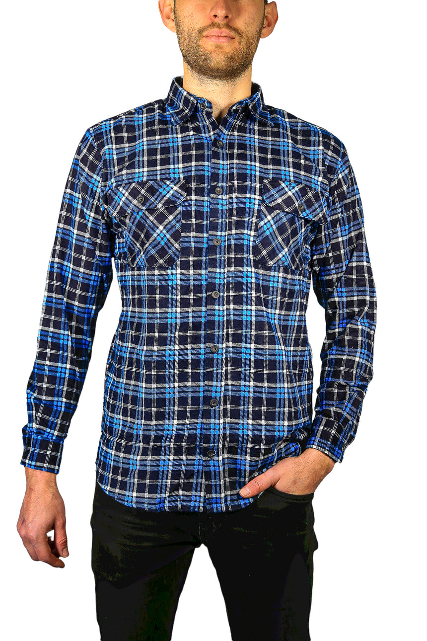 Mens Flannelette Long Sleeve Shirt 100% Cotton Check Authentic Flannel - Full Placket - Turquoise/Black - M