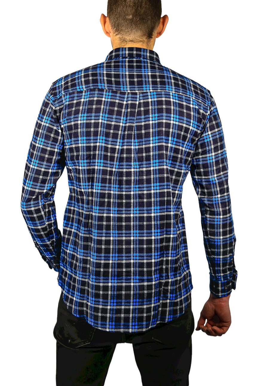 Mens Flannelette Long Sleeve Shirt 100% Cotton Check Authentic Flannel - Full Placket - Turquoise/Black - M