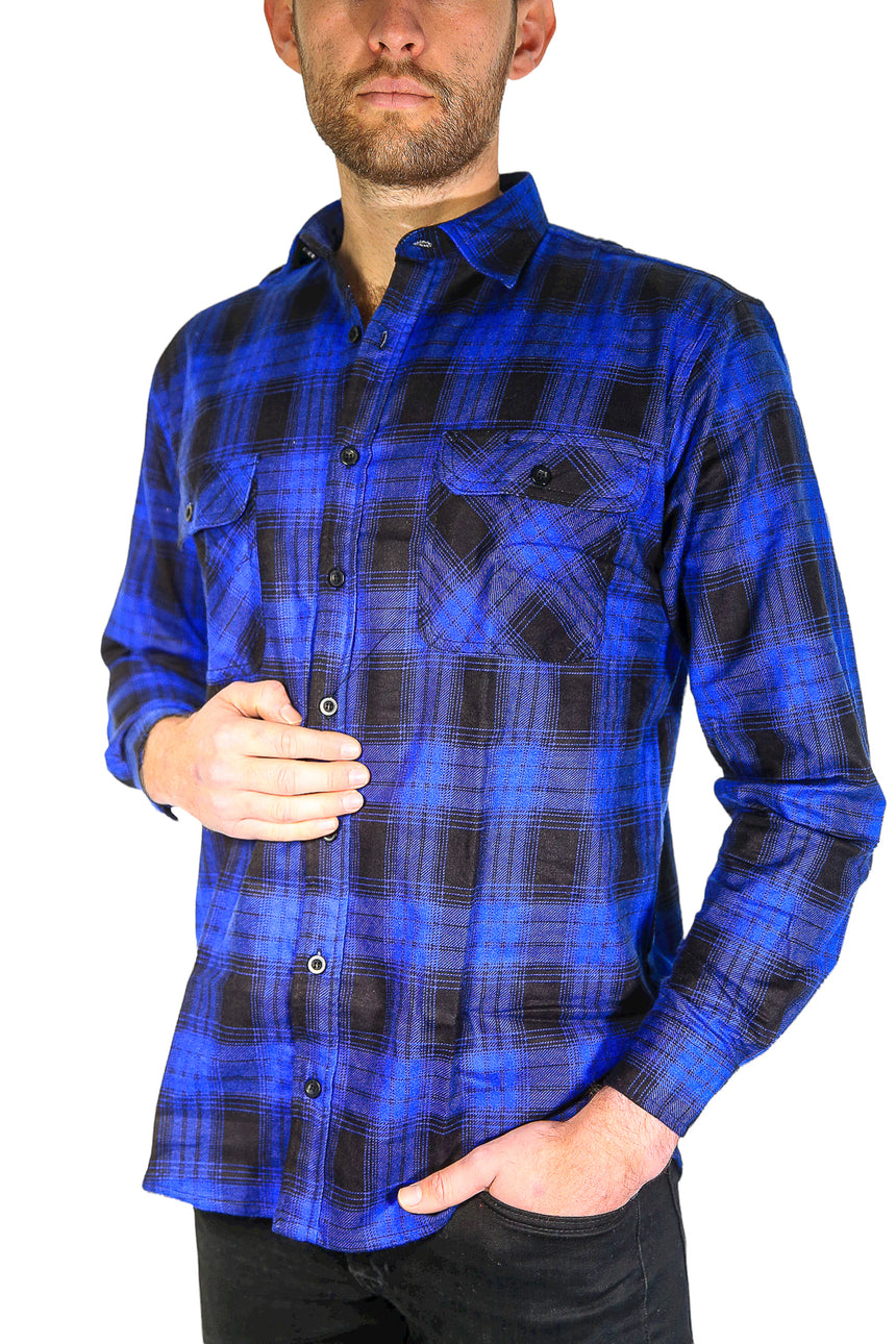 Mens Flannelette Long Sleeve Shirt 100% Cotton Check Authentic Flannel - Full Placket - Royal Blue - 3XL