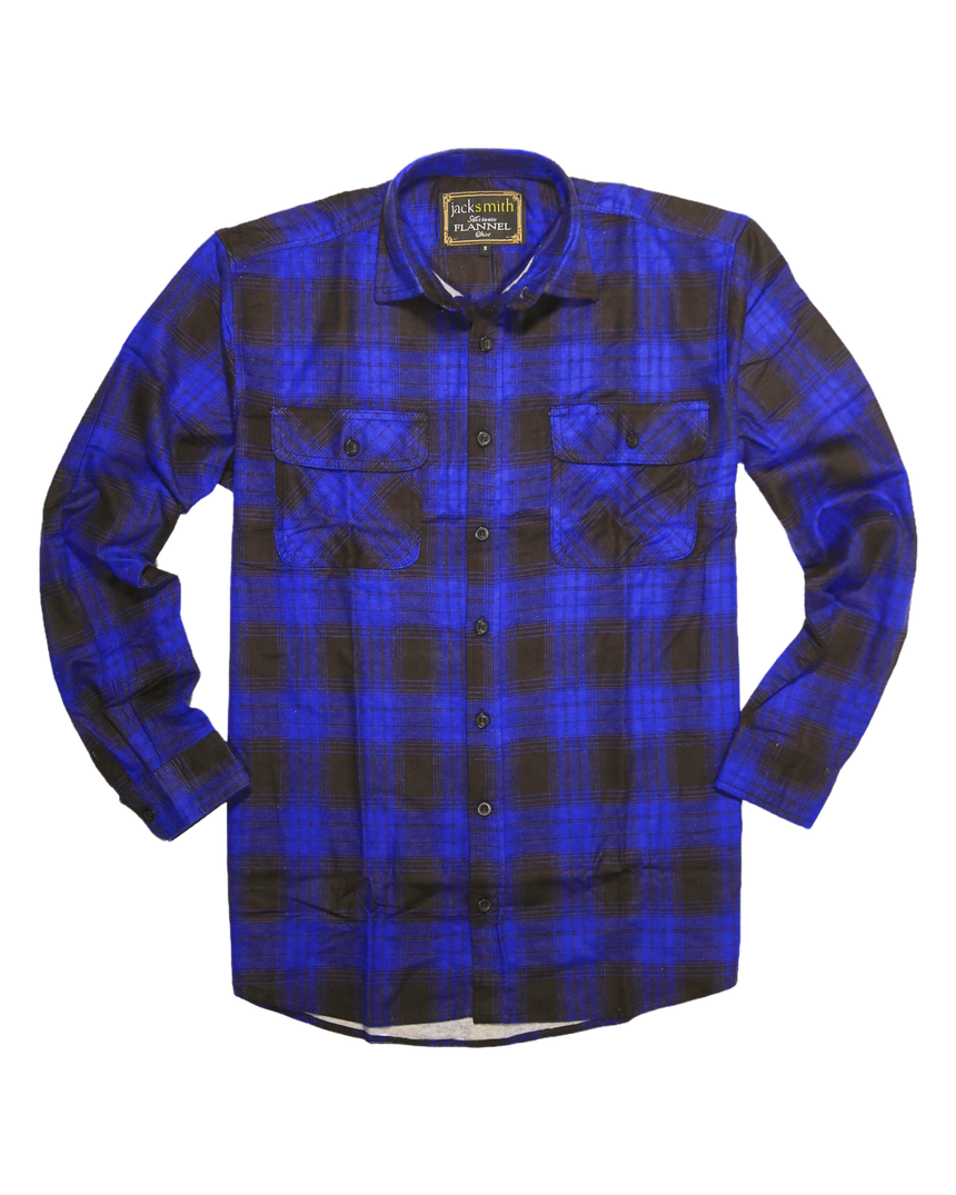 Mens Flannelette Long Sleeve Shirt 100% Cotton Check Authentic Flannel - Full Placket - Royal Blue - 3XL