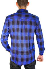 Mens Flannelette Long Sleeve Shirt 100% Cotton Check Authentic Flannel - Full Placket - Royal Blue - XXL