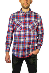 Mens Flannelette Long Sleeve Shirt 100% Cotton Check Authentic Flannel - Full Placket - Navy/Red/White - 3XL