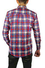 Mens Flannelette Long Sleeve Shirt 100% Cotton Check Authentic Flannel - Full Placket - Navy/Red/White - L