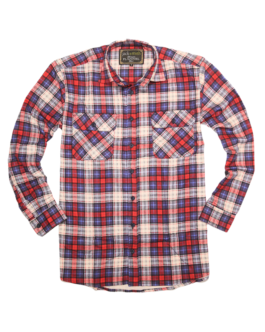 Mens Flannelette Long Sleeve Shirt 100% Cotton Check Authentic Flannel - Full Placket - Navy/Red/White - M