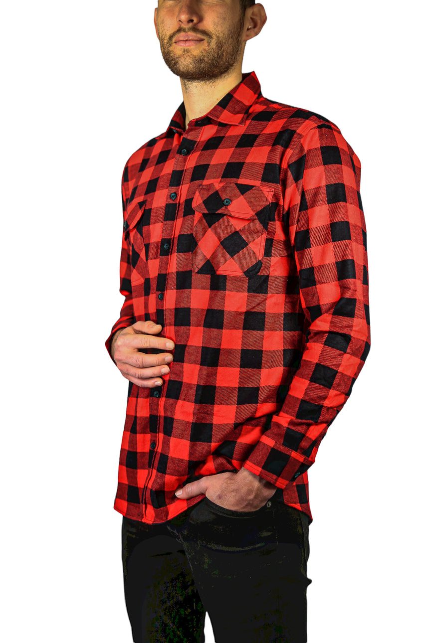 Mens 100% Cotton Flannelette Shirt Long Sleeve Check Authentic Flannel - Red/Black - XXL