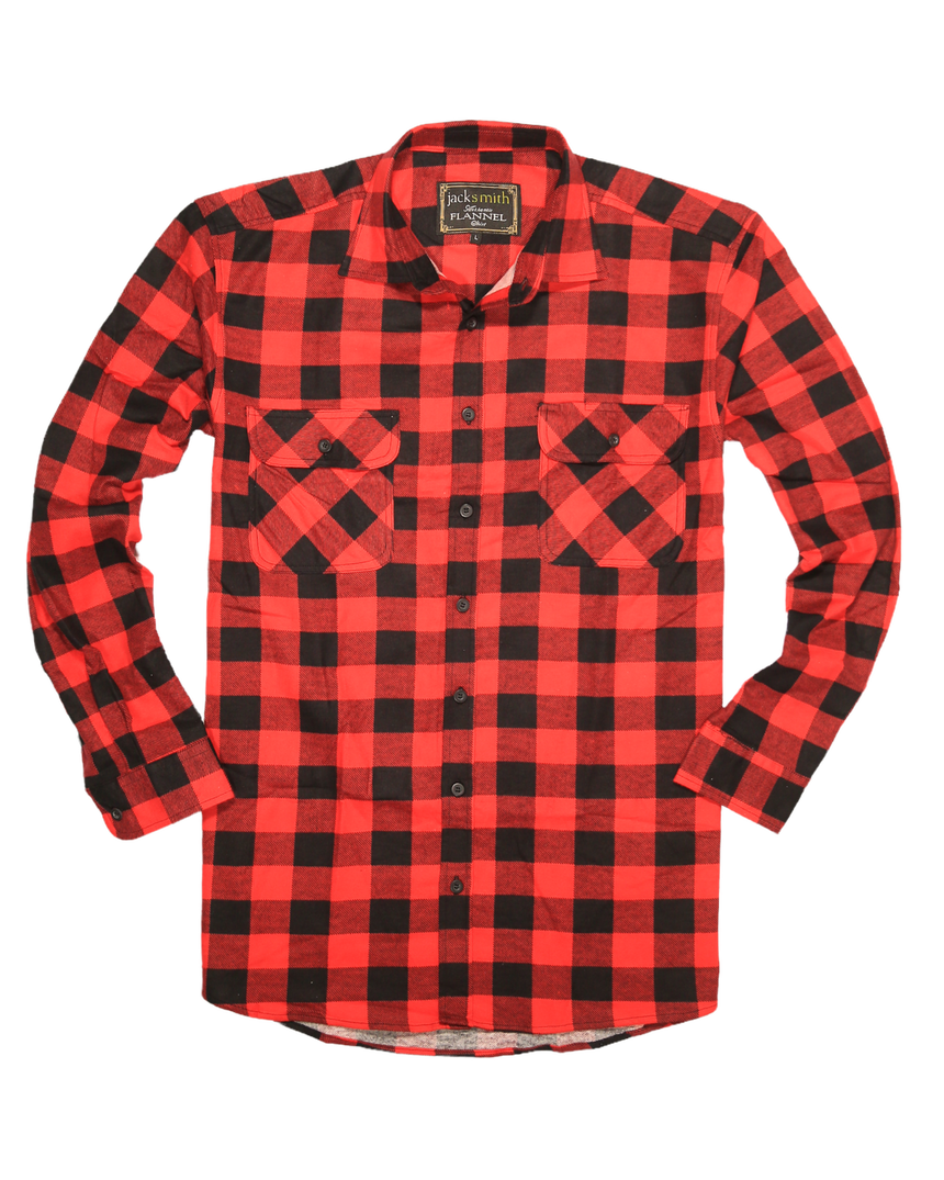 Mens 100% Cotton Flannelette Shirt Long Sleeve Check Authentic Flannel - Red/Black - 5XL