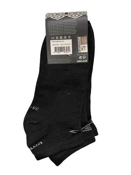 Umbro Mens Trainer Ankle Socks - Black - 1 Pack of 3 Pairs - EU 43-46