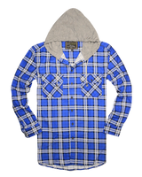 Mens Cotton Flannelette Shirt w Jersey Hood Long Sleeve Flannel - Spanish Blue - 3XL