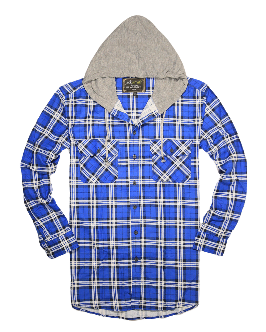 Mens Cotton Flannelette Shirt w Jersey Hood Long Sleeve Flannel - Spanish Blue - 3XL