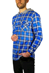 Mens Cotton Flannelette Shirt w Jersey Hood Long Sleeve Flannel - Spanish Blue - 4XL