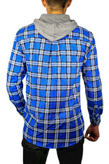 Mens Cotton Flannelette Shirt w Jersey Hood Long Sleeve Flannel - Spanish Blue - 4XL