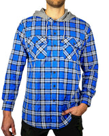 Mens Cotton Flannelette Shirt w Jersey Hood Long Sleeve Flannel - Spanish Blue - 6XL