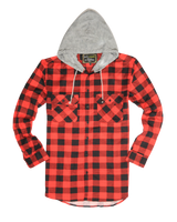 Mens Cotton Flannelette Shirt w Jersey Hood Long Sleeve Flannel - Red/Black - 3XL