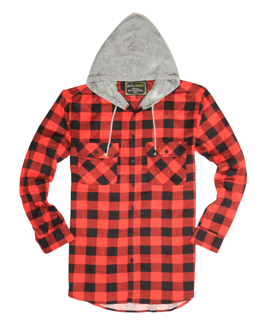 Mens Cotton Flannelette Shirt w Jersey Hood Long Sleeve Flannel - Red/Black - 3XL