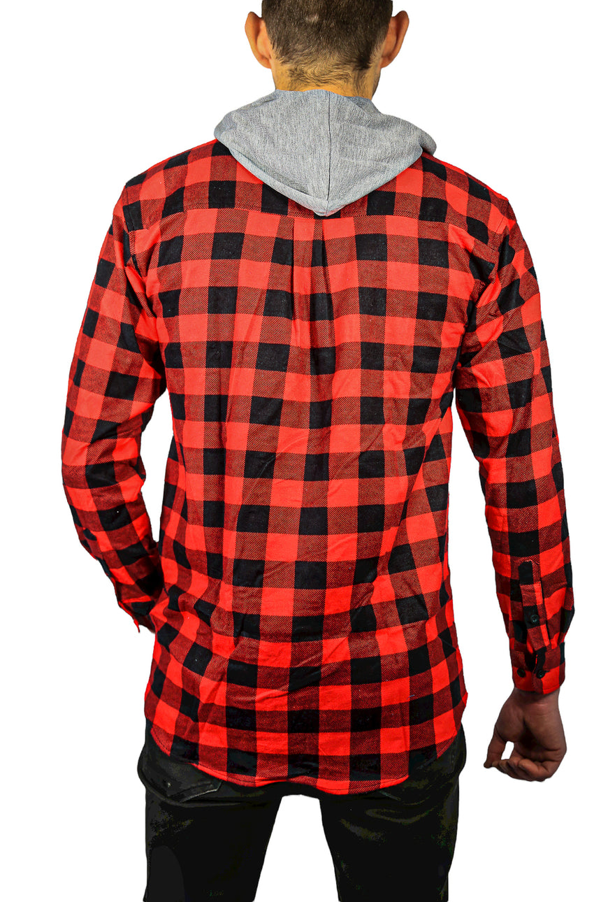 Mens Cotton Flannelette Shirt w Jersey Hood Long Sleeve Flannel - Red/Black - 6XL